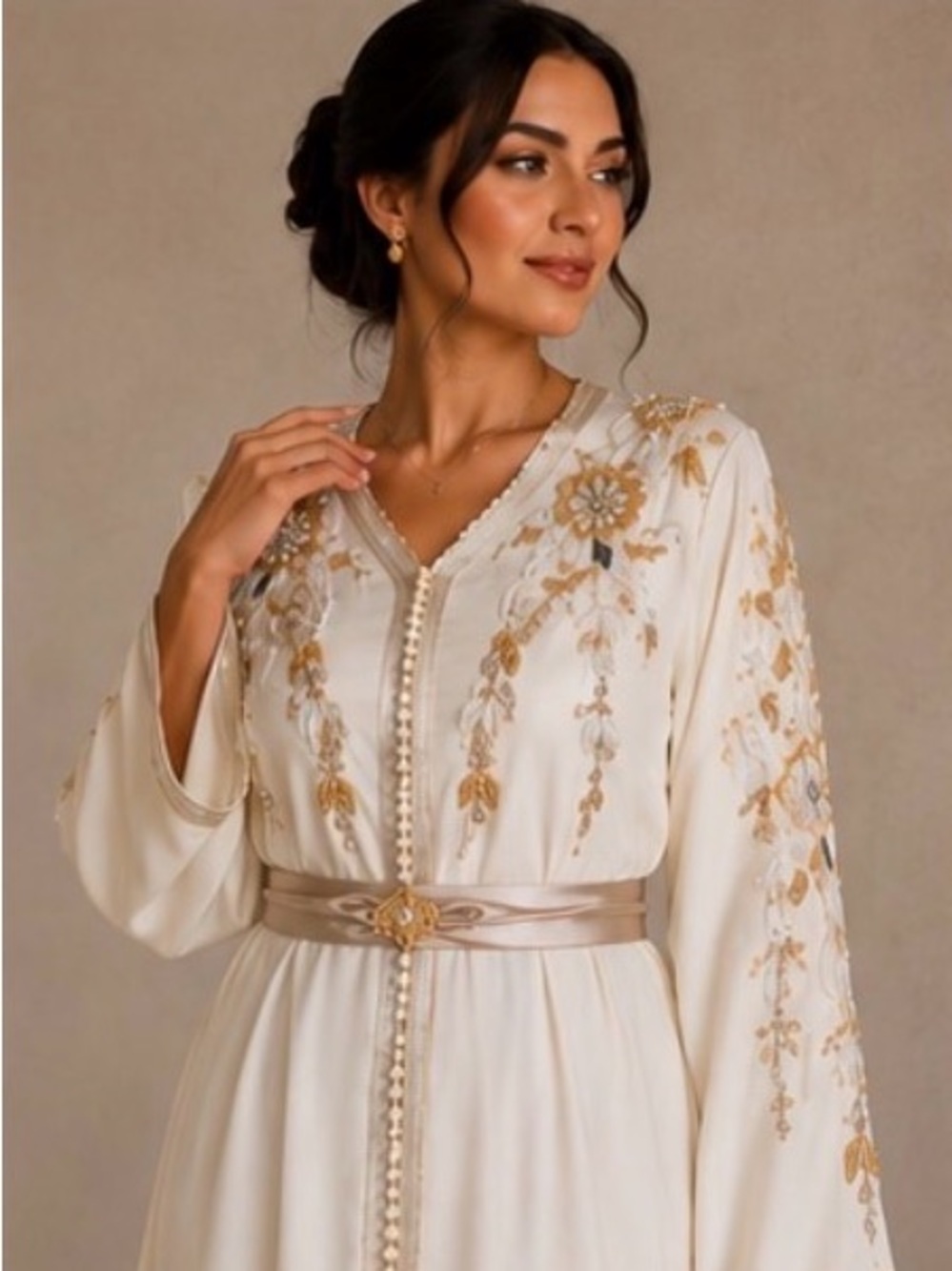 Style Ivory & Gold Embroidered Moroccan Kaftan Dress w/ Belt - Large - Picture 5 of 7
